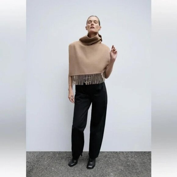 ZARA ASYMMETRICAL FRINGED WOOL BLEND CAPE - Picture 1 of 10